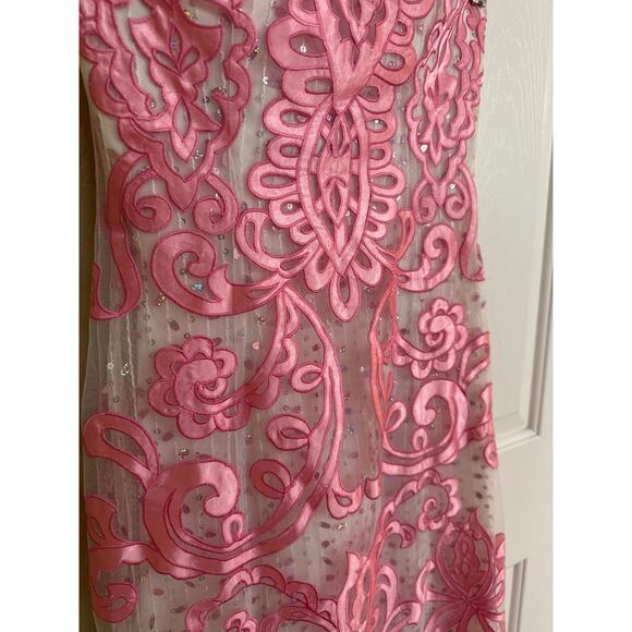 Jovani Strapless Long Gown‎ Pink Ribbon White Layers Sequins 0 - Picture 3 of 9